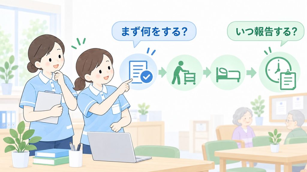 最初の行動と報告時点を介護職員自身の言葉で決めていく場面の図解