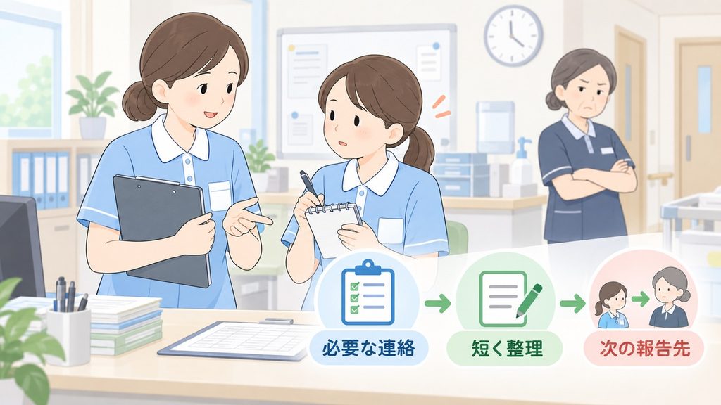 介護施設のリーダーが後輩と必要な連絡を短く整理する様子を描いたイラストです。