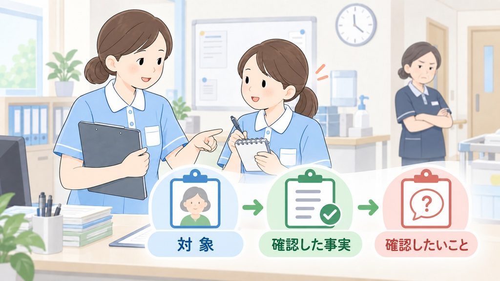 リーダーが対象・確認した事実・確認事項の順に報告を整える様子のイラストです。