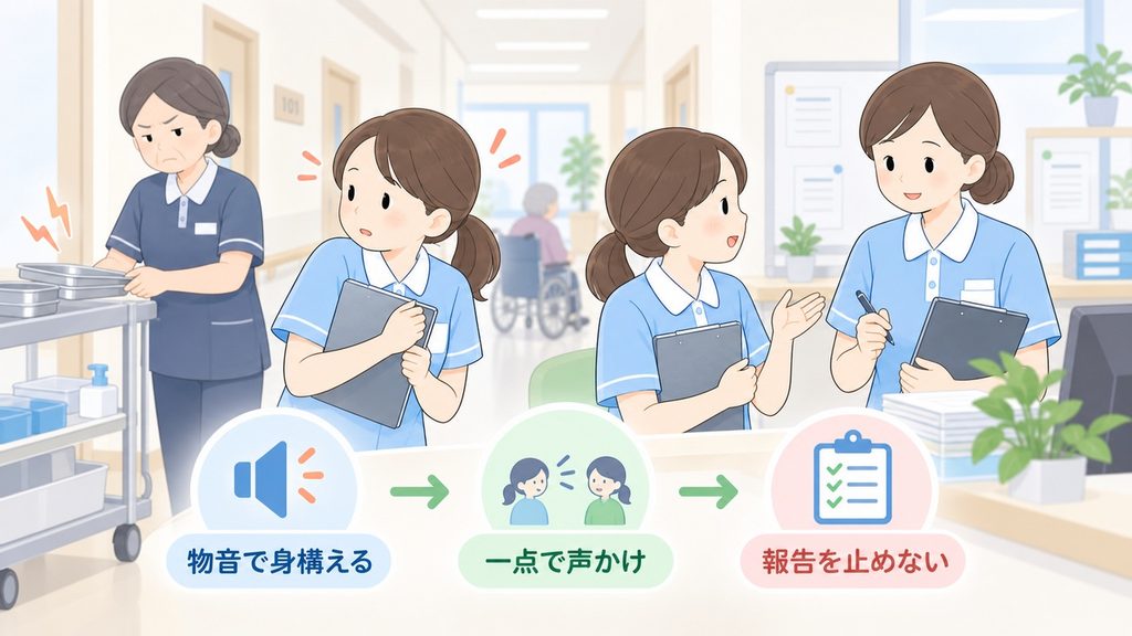 大きな物音に身構えた職員が報告を止めずリーダーへ声をかける様子です。