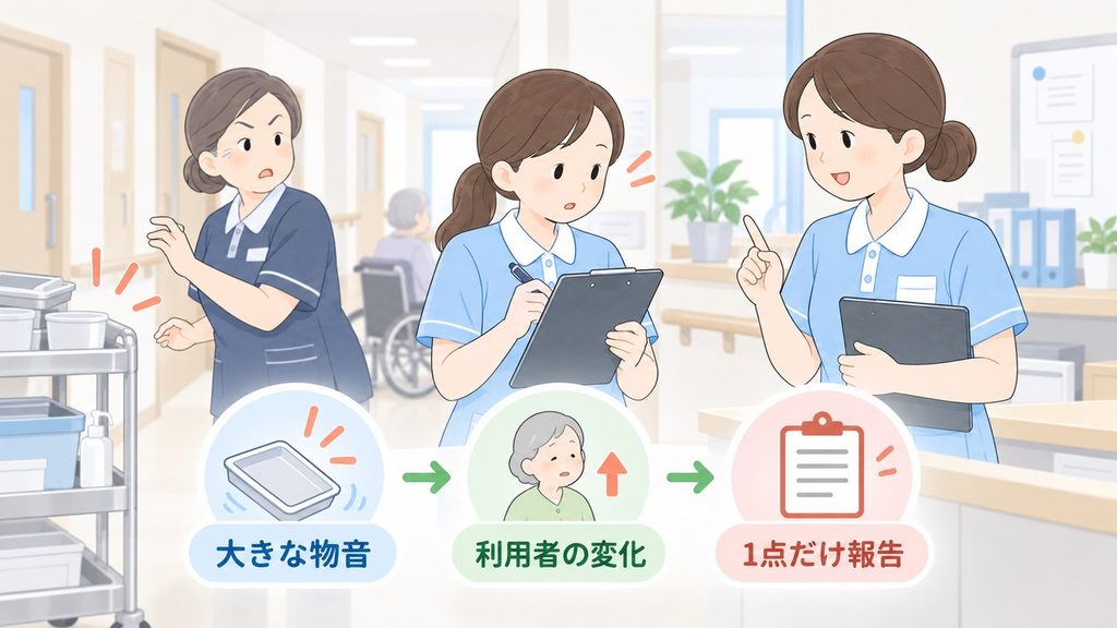物音の直後に利用者の変化を一点だけ報告する介護職員のイラストです。