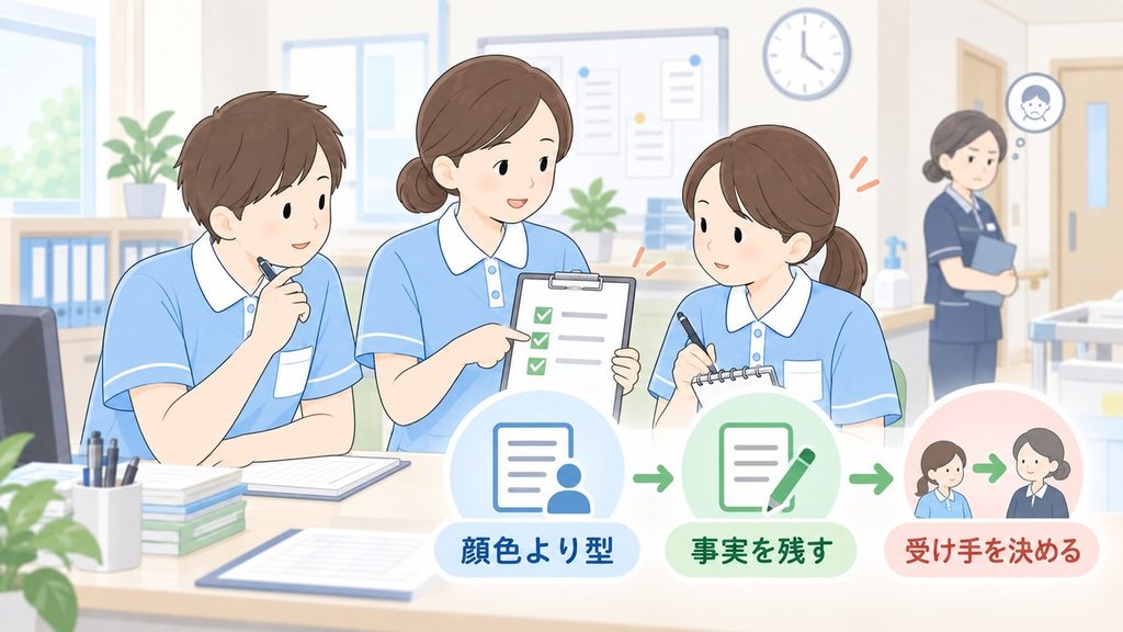 リーダーが職員へ顔色より報告の型と受け手を確認する様子のイラストです。