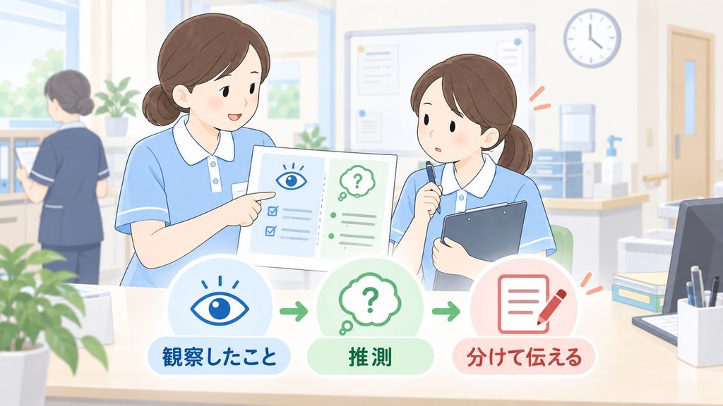 観察したことと推測を分けて伝える方法を確認する介護職員のイラストです。