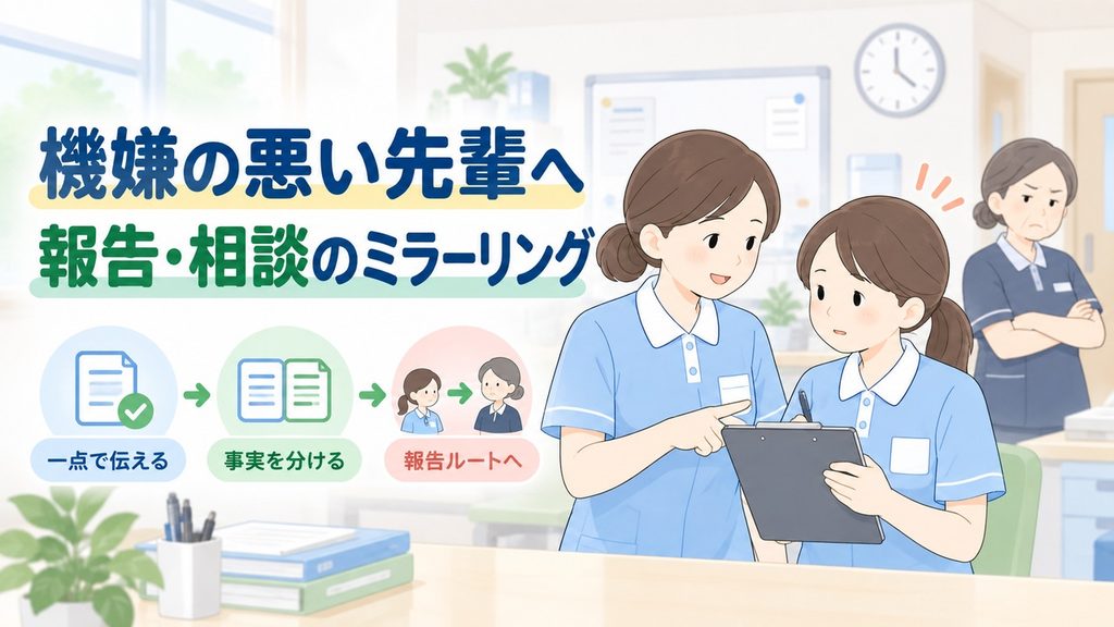 機嫌の悪い先輩への報告をリーダーが後輩と整理する介護施設のイラストです。