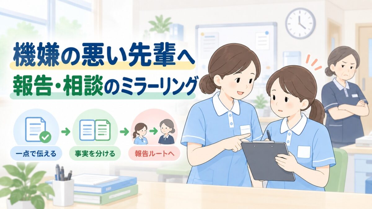 機嫌の悪い先輩への報告をリーダーが後輩と整理する介護施設のイラストです。
