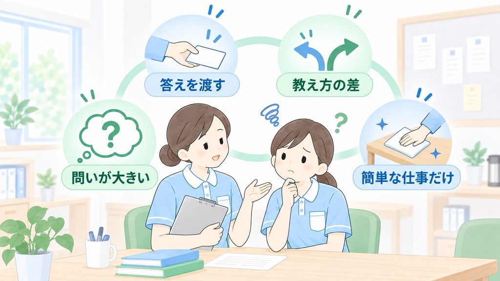 介護職員が自分で考えにくい四つの職場要因を振り返っているリーダー