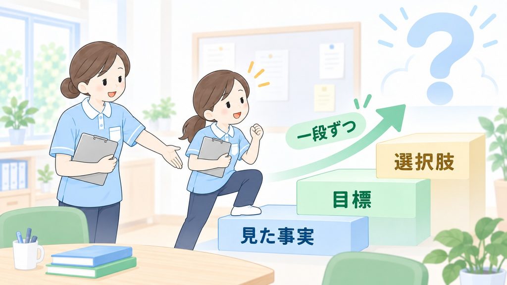 職員の現在地に合わせて事実・目標・選択肢を一段ずつ問いかける図解