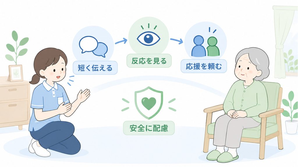 短い声かけと反応の確認、応援の依頼を、利用者の安全に配慮する視点と合わせて整理した図です。
