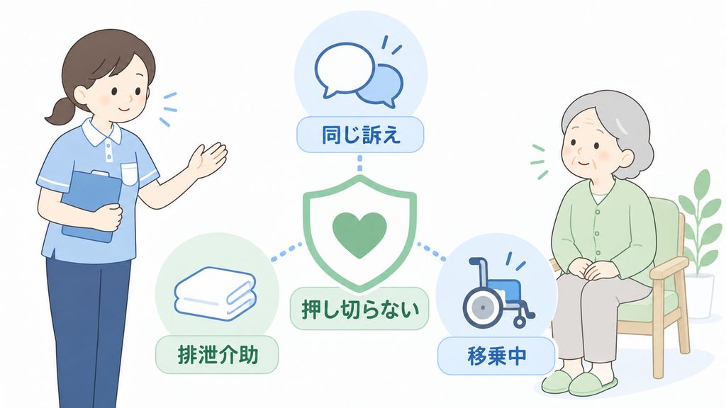 同じ訴え、排泄介助、移乗中の三つの場面を、無理に押し切らない対応という共通の視点で整理した図です。

