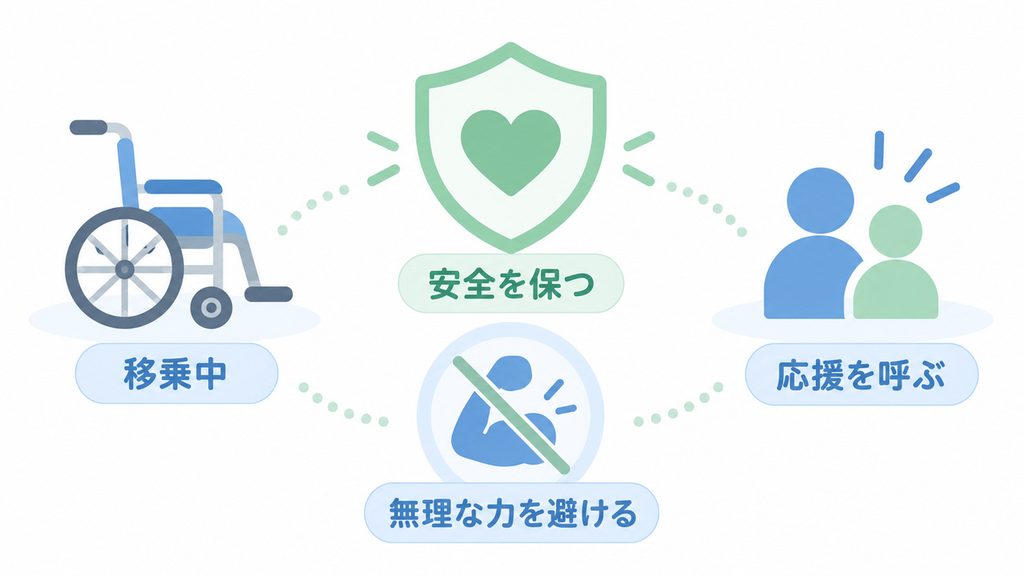 移乗中は安全を保ち、無理な力を避けながら応援を求めるという視点を、介助動作を示さず整理した図です。
