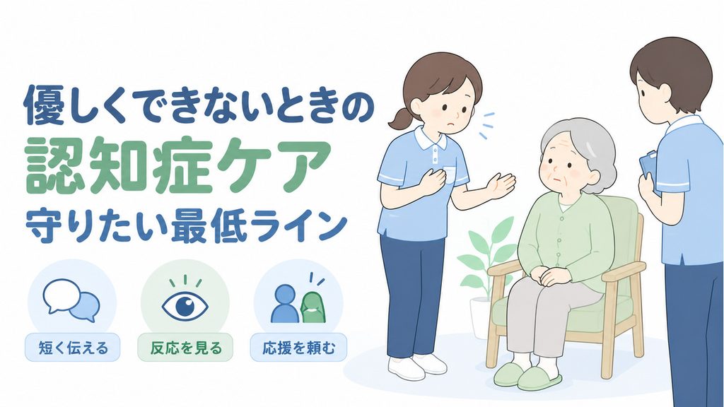 認知症ケアで対応に迷う介護職員が、利用者の安全に配慮しながら同僚へ応援を相談するイラストです。
