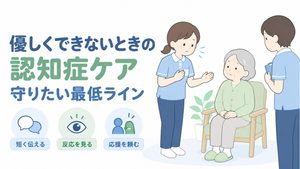 認知症ケアで対応に迷う介護職員が、利用者の安全に配慮しながら同僚へ応援を相談するイラストです。