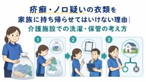 汚染が疑われる衣類を分け、責任者の判断を経て家族説明につなげる流れを示した画像です。