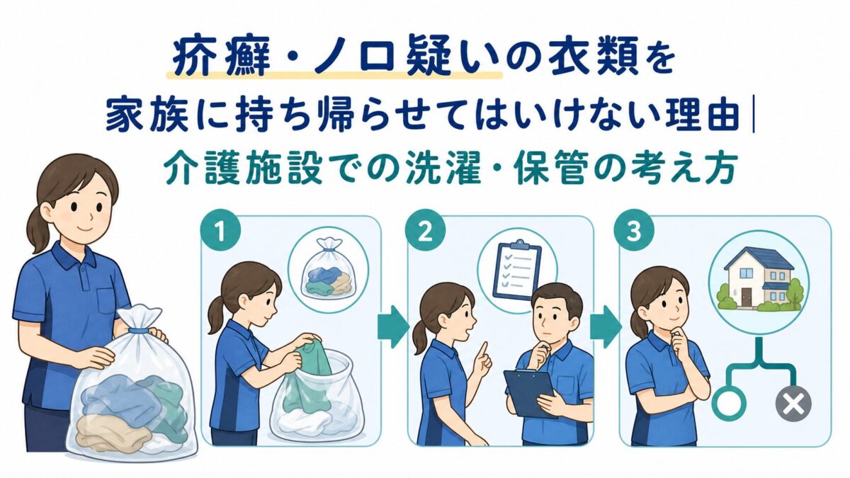 汚染が疑われる衣類を分け、責任者の判断を経て家族説明につなげる流れを示した画像です。