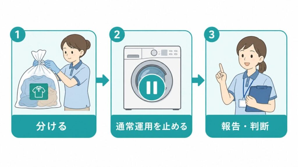 衣類を分け、通常運用を止め、責任者へ報告して判断する三つの流れを示した図です。