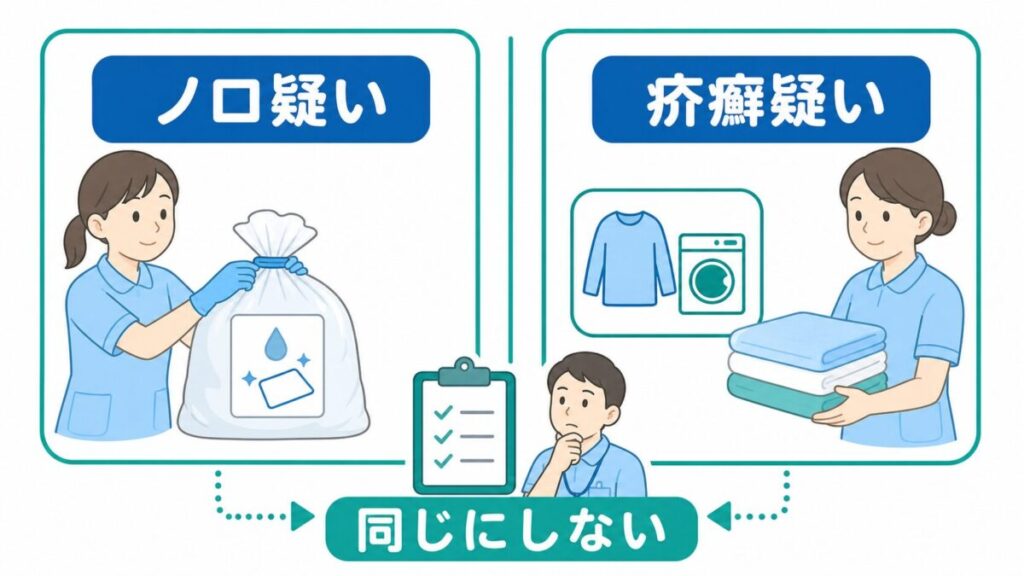 ノロ疑いと疥癬疑いの衣類を同じ方法で扱わず、確認して判断する考え方を示した図です。
