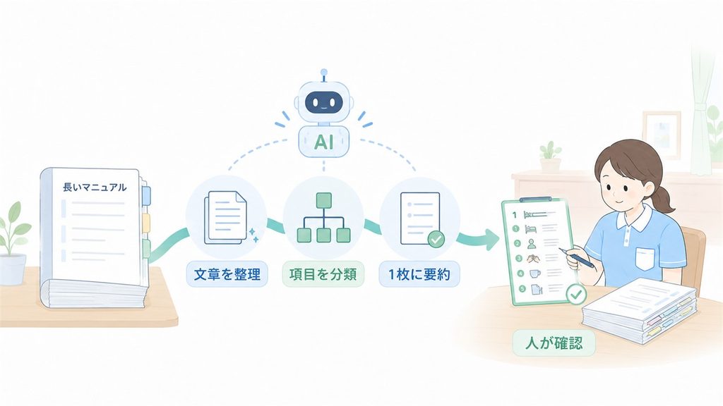 長いマニュアルをAIが整理し、最後に介護リーダーが内容を確認する流れを示した図解です。
