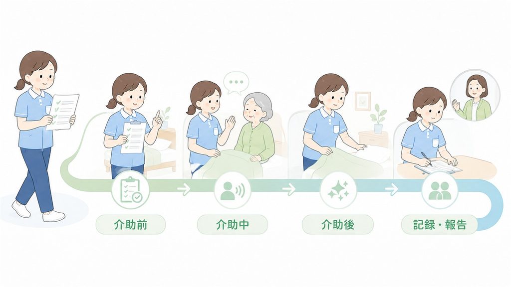 新人職員が介助前から記録・報告まで、場面順に1枚手順書を確認する流れを描いた図解です。