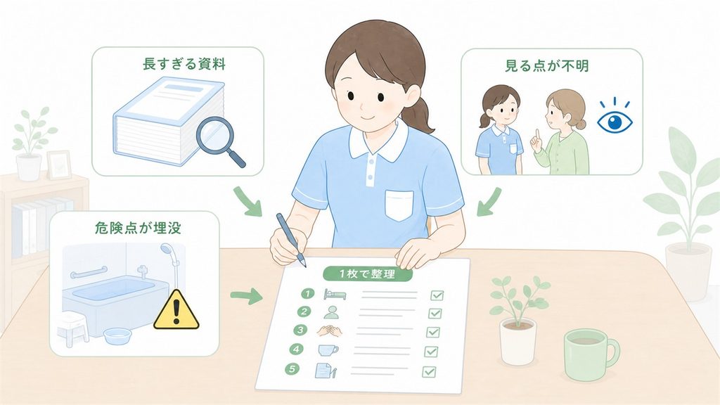 新人教育で迷いやすい三つの問題を、介護リーダーが1枚手順書へ整理する様子を描いた図解です。