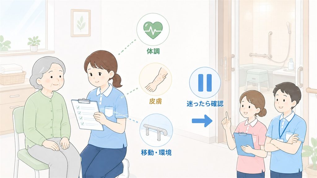 新人職員が入浴前の観察項目を確認し、迷ったときは先輩職員へ相談する様子を描いたイラストです。