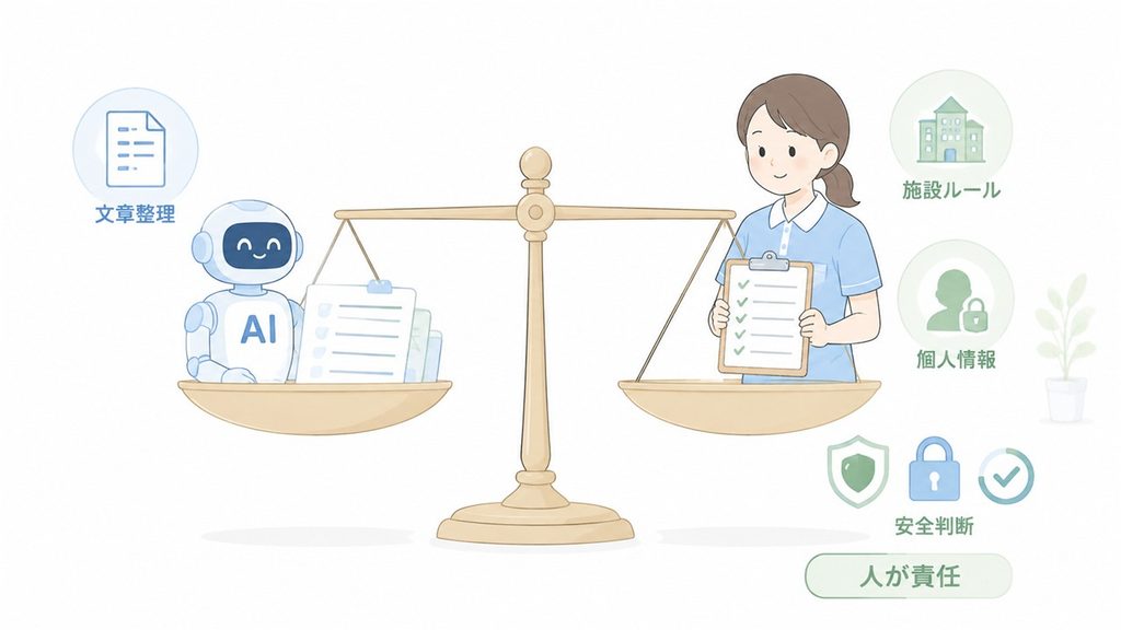 AIによる文章整理と、施設ルールや安全判断を確認する人の責任範囲を天秤で示した図解です。