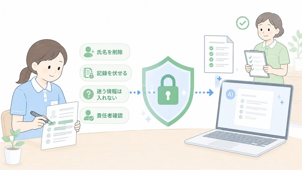 介護リーダーが教育資料を匿名化し、保護した情報だけをAIへ入力する流れを示した図解です。