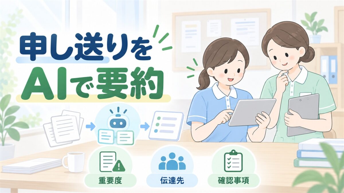 介護職員がAIで申し送りを整理し、重要度・伝達先・確認事項を人が確かめる流れを描いたイラストです。