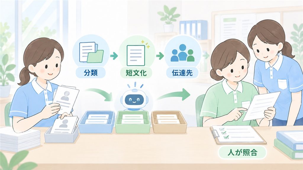 匿名メモの分類や短文化をAIが補助し、介護職員が元記録と照合する役割分担の図です。