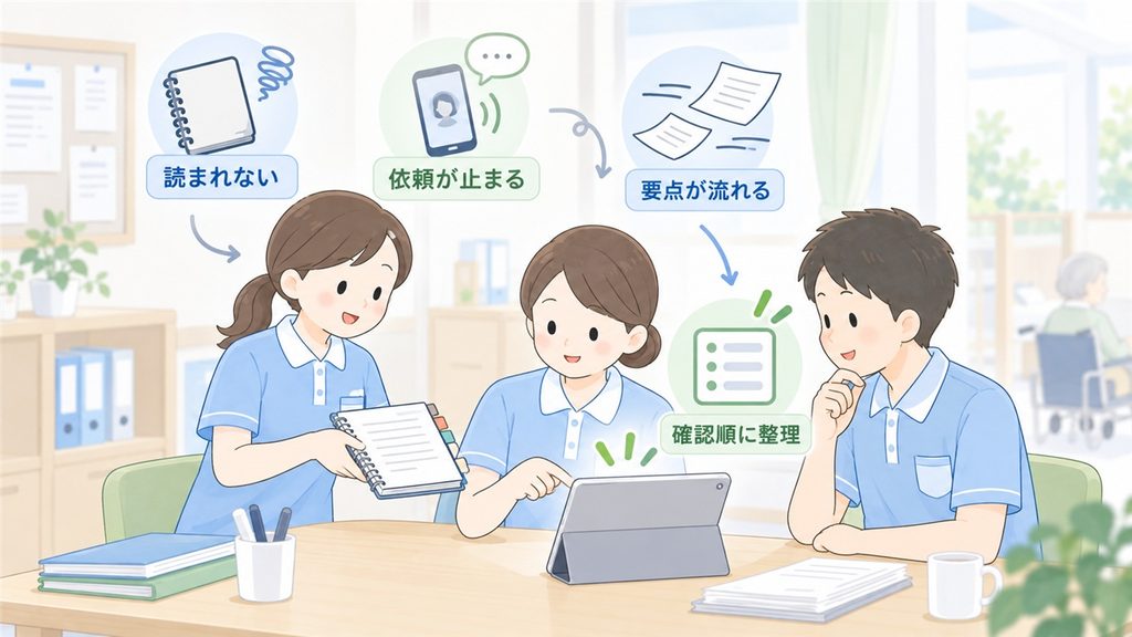 介護職員が読まれないメモや止まる依頼を確認順に整理する様子を描いたイラストです。