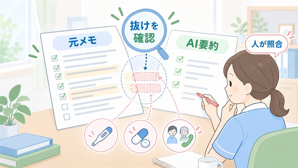 介護職員が元メモとAI要約を比較し、抜けた情報を人の目で照合する図です。
