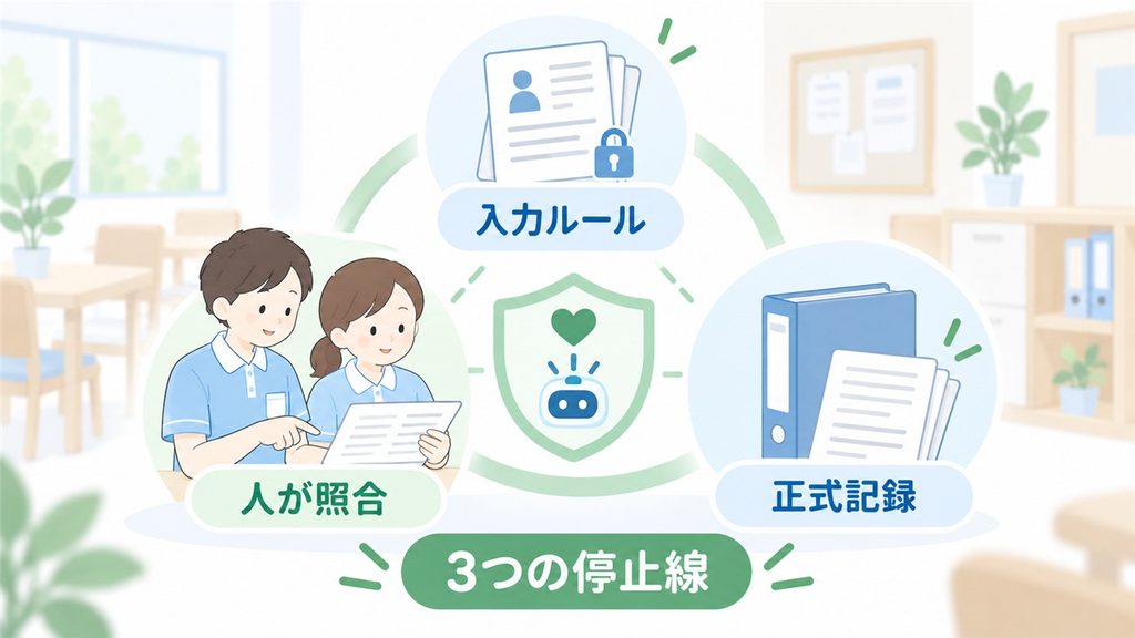 AI要約を入力ルール・人の照合・正式記録の3つで支える安全管理の図です。