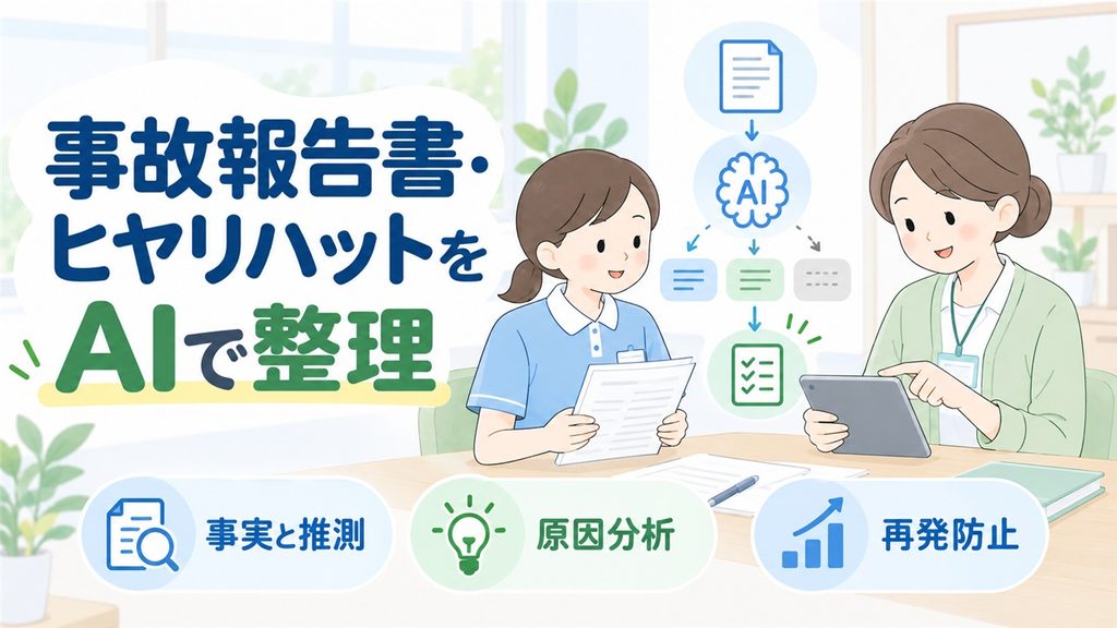 介護職員とリーダーが事故報告書をAIで整理し、原因分析と再発防止へつなげる図です。