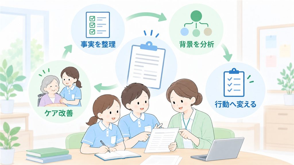 事故報告書の事実整理から背景分析、具体的な行動、ケア改善へつなげる循環図です。