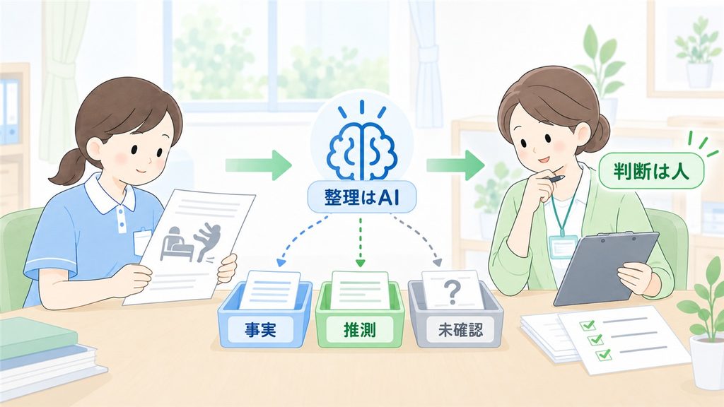 AIが事実・推測・未確認を整理し、リーダーが最終判断する役割分担の図です。