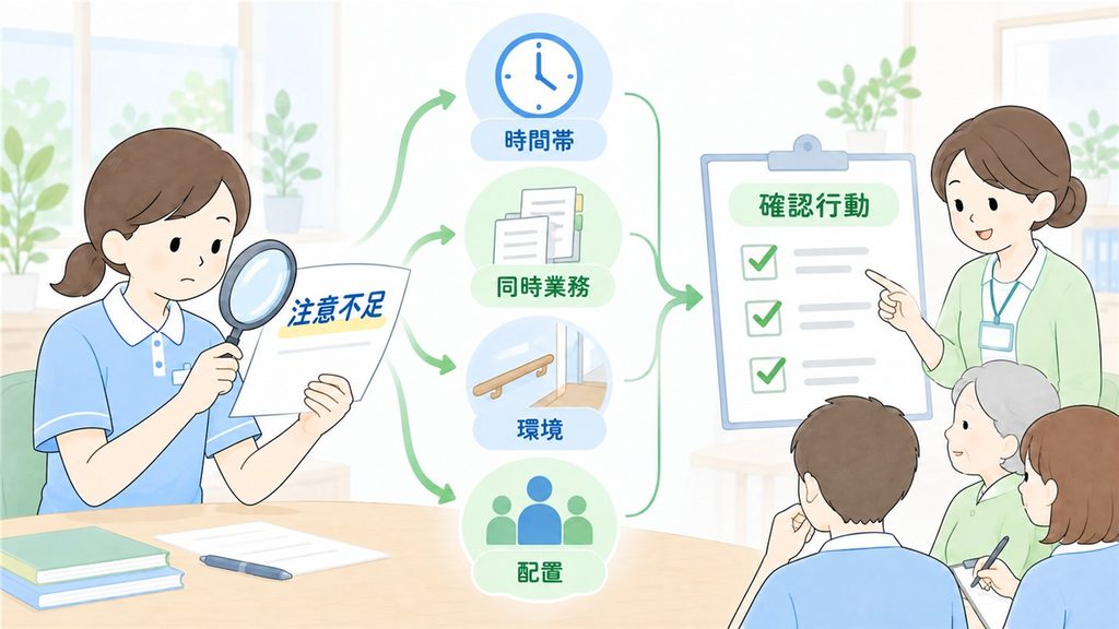 曖昧な注意不足を時間帯・同時業務・環境・配置に分け、確認行動へつなげる図です。