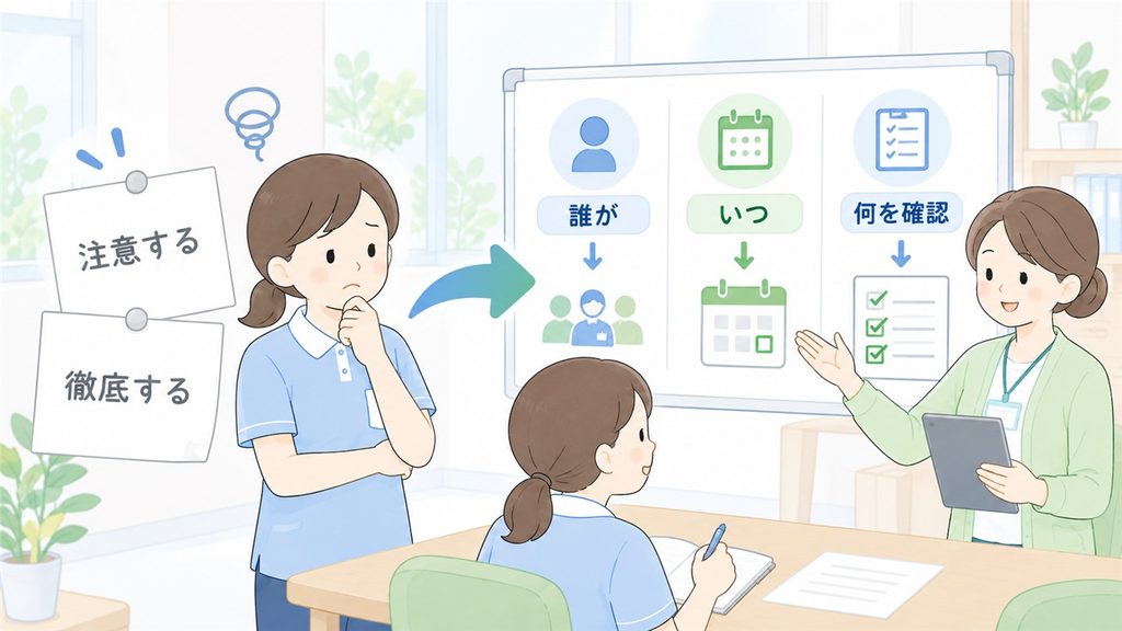 曖昧な対策を、担当者・時期・確認内容が分かる具体的な行動へ変える図です。