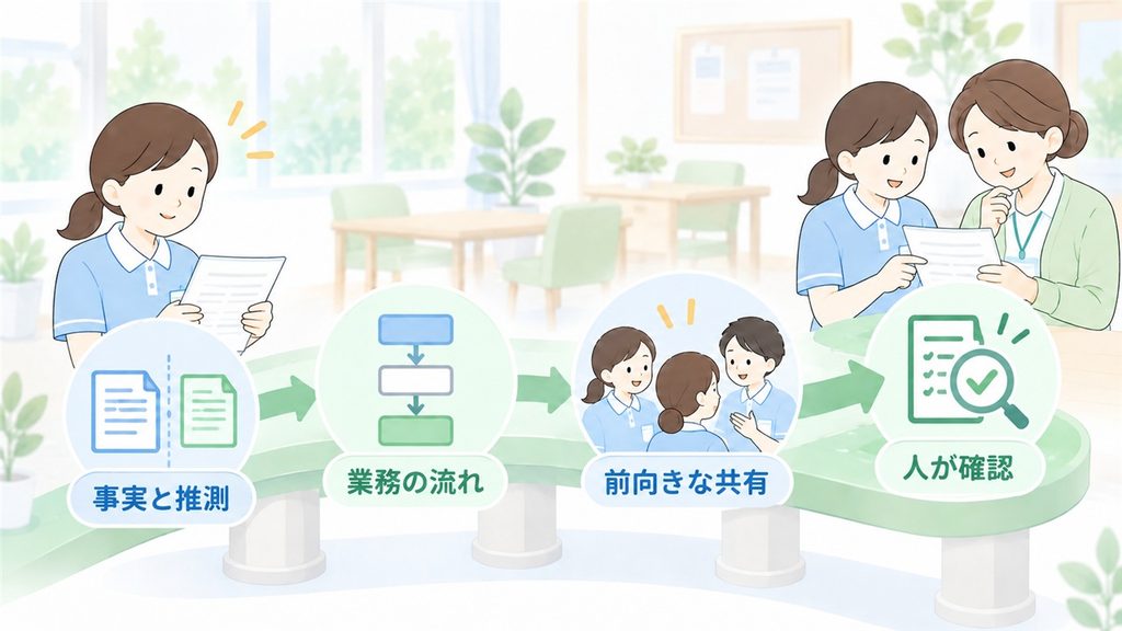 事実と推測の分離、業務の見直し、前向きな共有を人の確認へつなぐ図です。