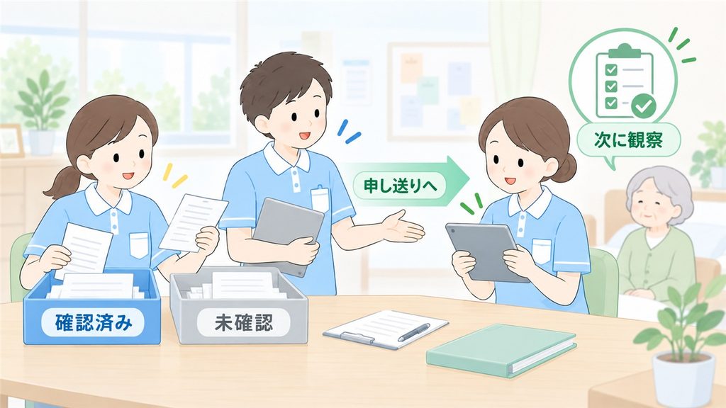 確認済みと未確認の情報を分け、次勤務者の観察へつなげる申し送りの図です。