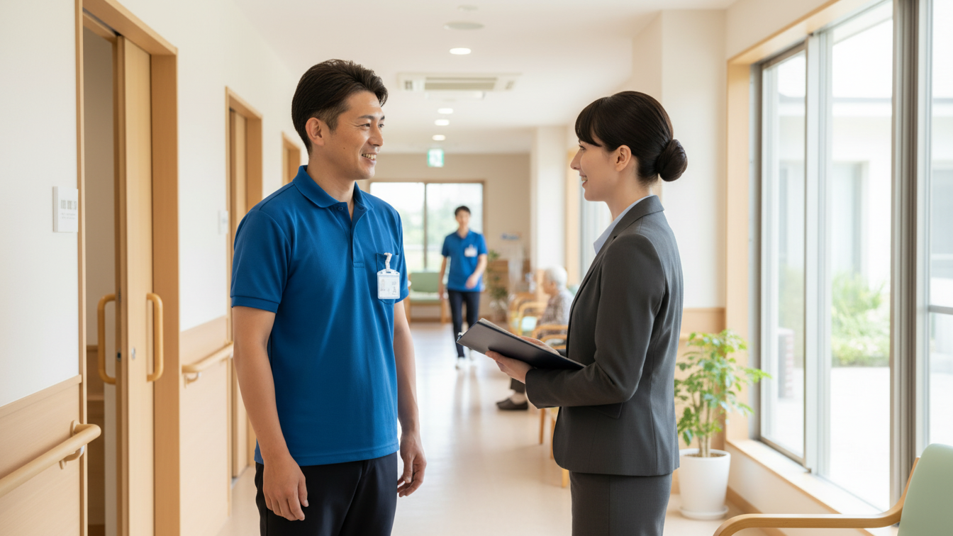 男性介護士と、女性の成年後人の画像