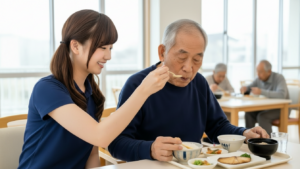 食事介助をしている女性介護士