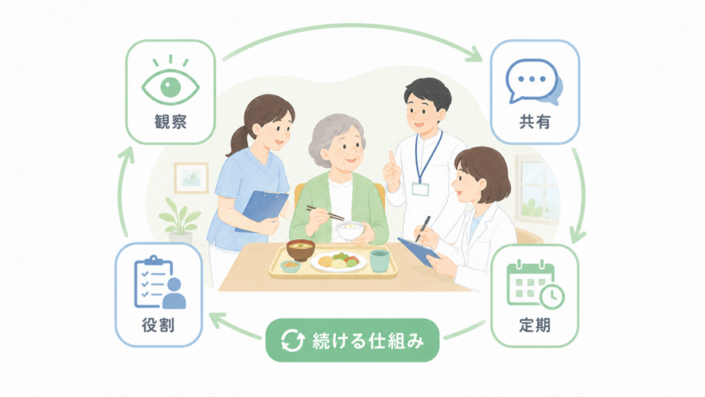 多職種が利用者の食事場面を観察し、観察・共有・定期実施・役割分担を循環させながら、継続できるミールラウンドの仕組みを示した図