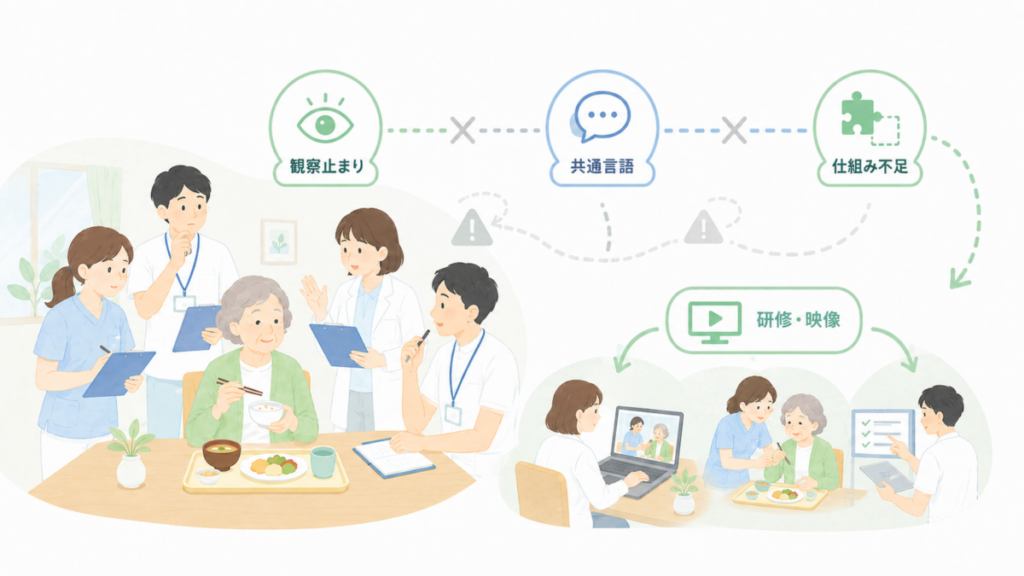 観察だけで終わることや共通言語・仕組みの不足がミールラウンド継続の妨げとなり、研修や映像活用で補う流れを示した図。