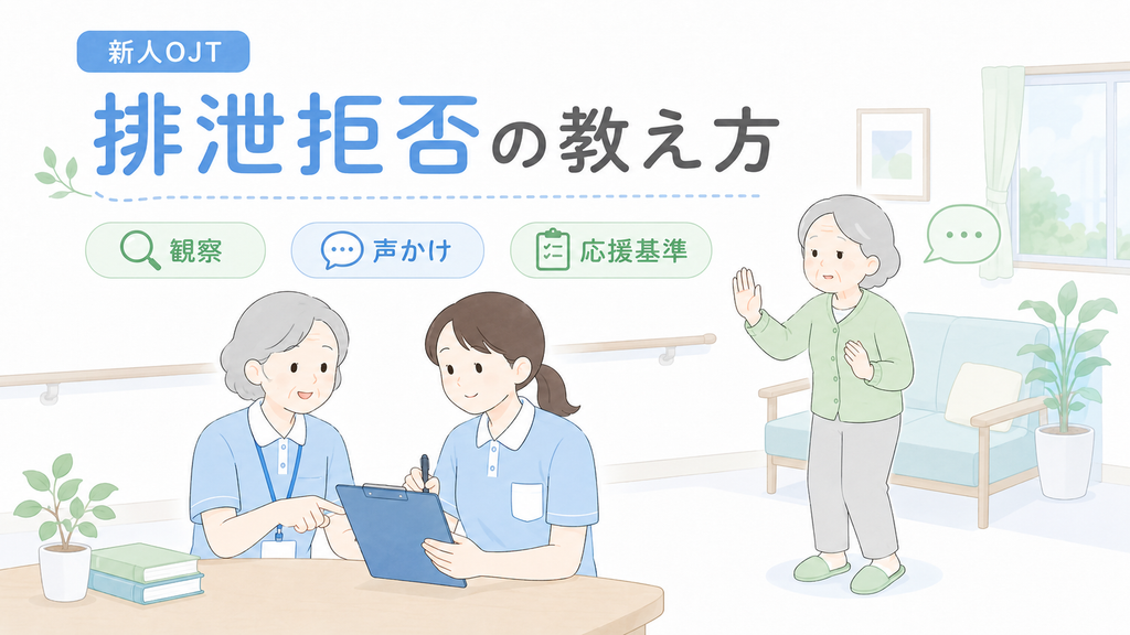 排泄拒否への対応を新人介護士に教えるOJTで、観察・声かけ・応援基準を確認する様子