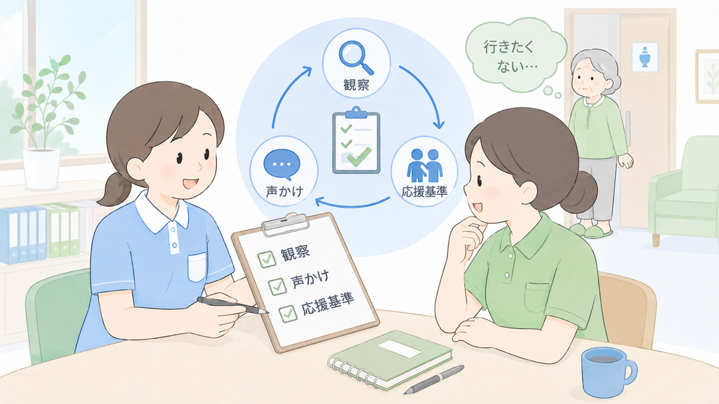 排泄拒否への新人OJTで、観察・声かけ・応援基準をチェック項目として確認する介護職員
