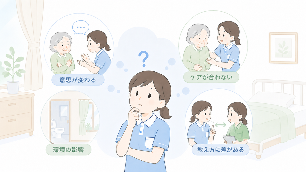 排泄拒否の新人教育で、本人の意思・環境・ケア方法・教え方の違いを整理する介護職員