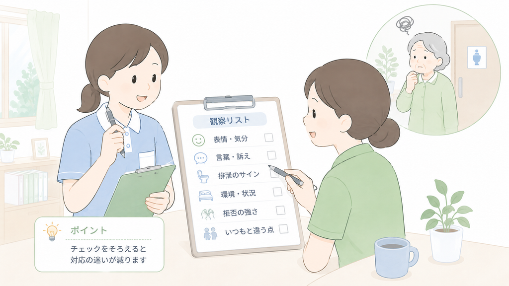 排泄拒否への対応前に、表情・訴え・排泄サイン・環境・拒否の強さを観察リストで確認する介護職員