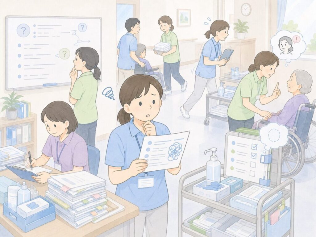 曖昧な指示や実行動線の不足、確認不足、業務の上乗せによって感染対策が現場に定着しにくい様子のイラスト
