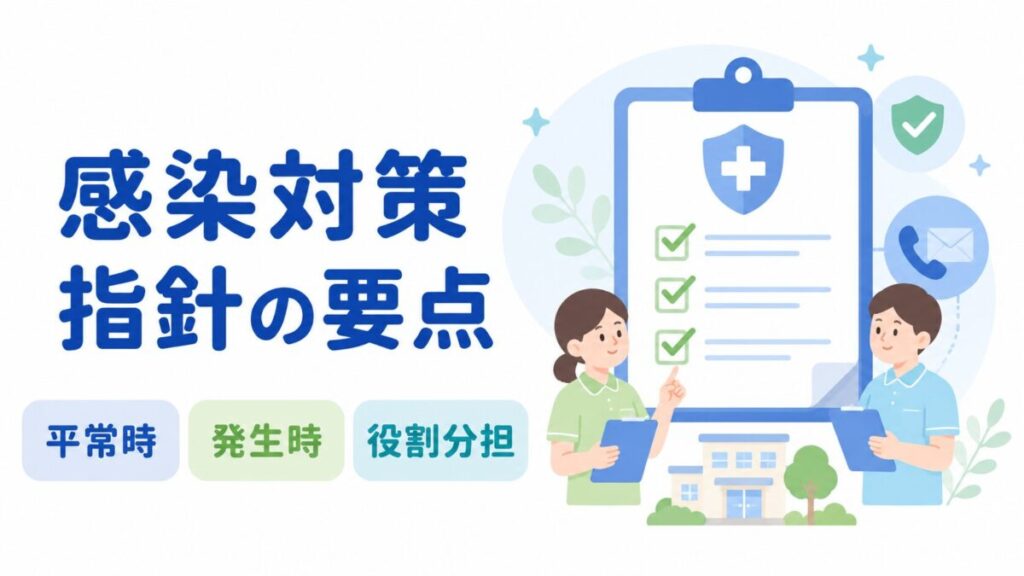 介護施設の感染対策指針について、平常時・発生時・役割分担の要点を示した図解