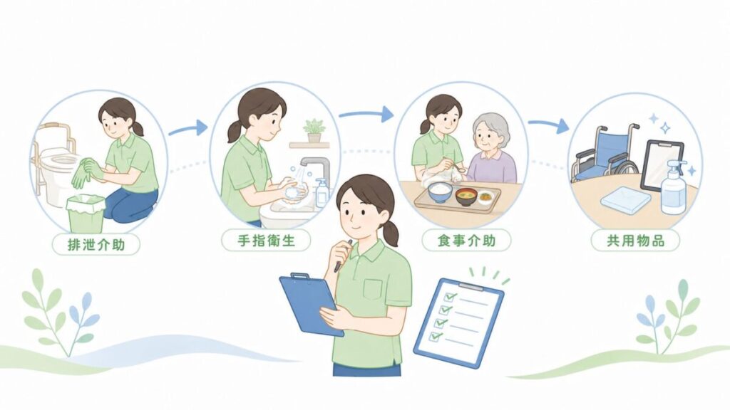 排泄介助から手指衛生、食事介助、共用物品までの現場動線を介護士の行動で整理した図解。