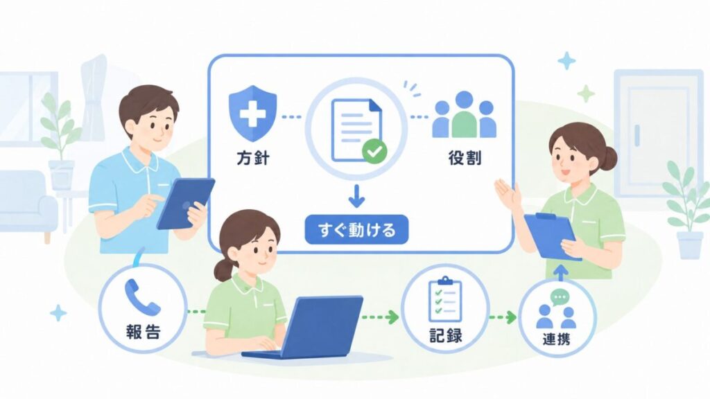 介護施設の感染対策で、方針・役割・報告・記録・連携を整理して現場が動ける形を示す図解